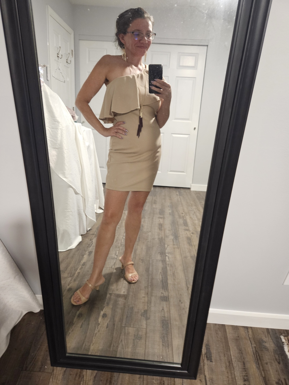 Emerald Sundae One-Shoulder Ruffle Dress in Beige